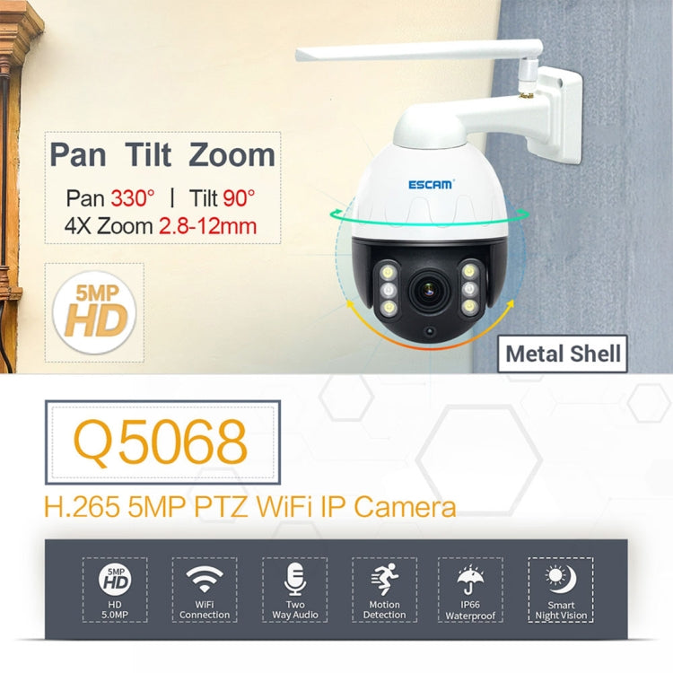 Escam Q5068 Cámara IP PTZ WiFi 5MP H265 4X Zoom Impermeable Exterior