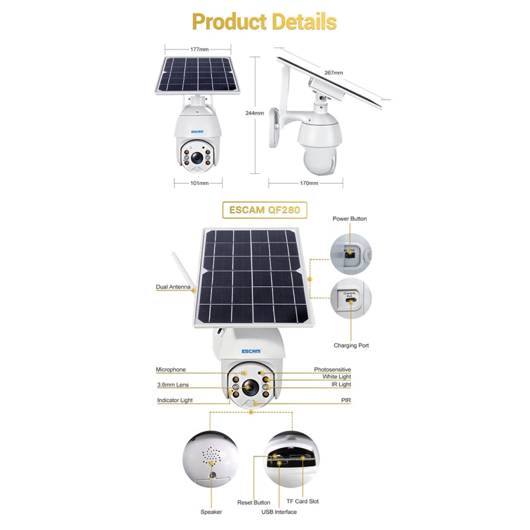 ESCAM QF280 Cámara IP PT Con Panel Solar WiFi 1080P