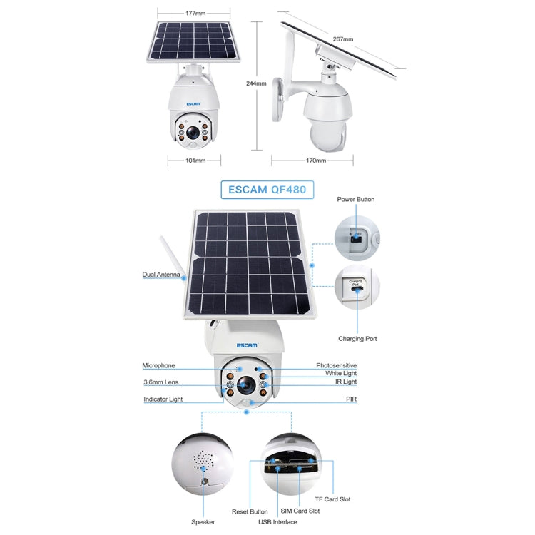 ESCAM QF480 Cámara IP PTZ 4G Con Panel Solar Visión Nocturna