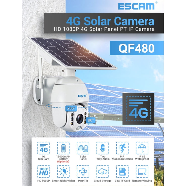 ESCAM QF480 Cámara IP PT Panel Solar 4G HD 1080P Visión Nocturna
