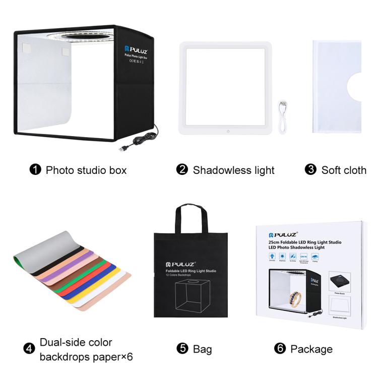 PULUZ 25cm LED Caja de Estudio CRI Alto Fondo 12 Colores