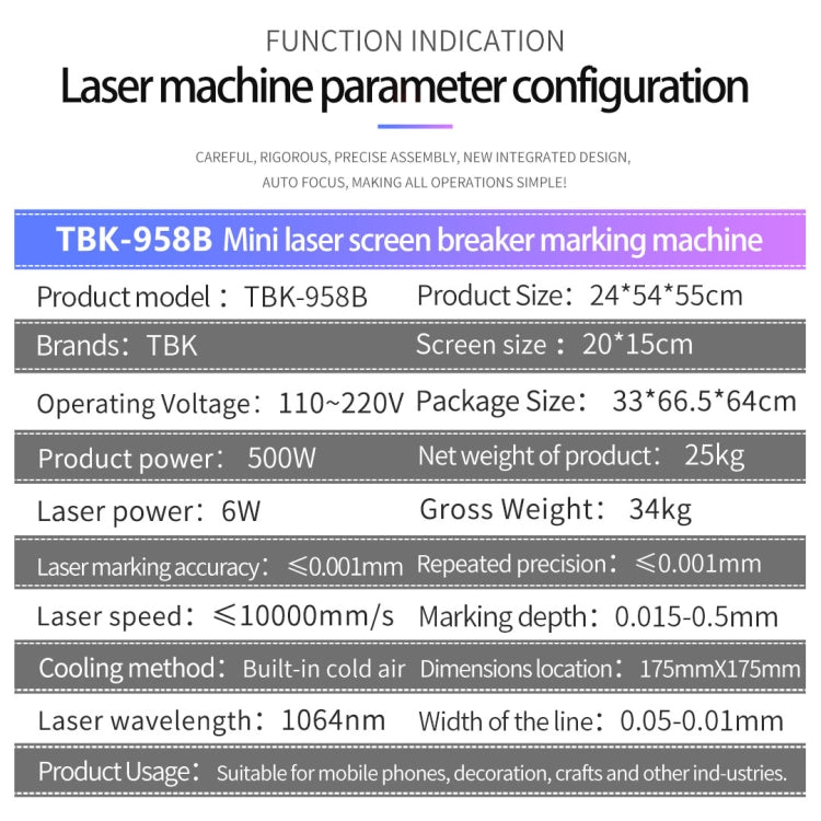 TBK TBK-958B Mini Máquina Marcado Láser Autofoco Preciso Para Pantallas