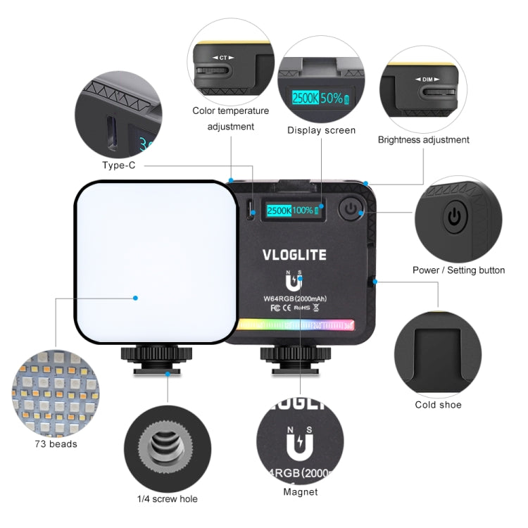 VLOGLITE W64RGB Luz de Relleno LED 20 Modos para Transmitir