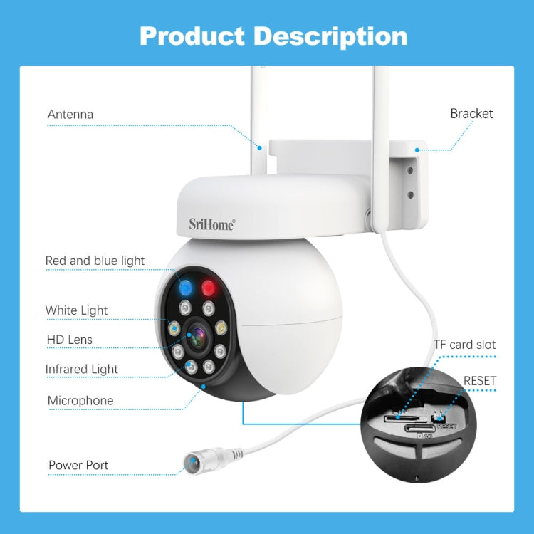 SriHome SH052B WiFi Cámara PTZ IP AI Seguimiento Exterior