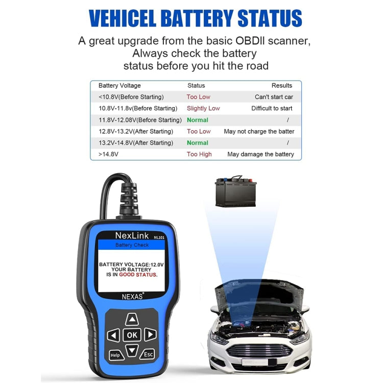 Nexas NL101 Escáner OBD2 Herramienta de Diagnóstico y Probador Batería 6V 12V