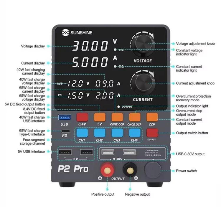 SUNSHINE P2 Pro Regulador CC 0-30V Fuente de laboratorio