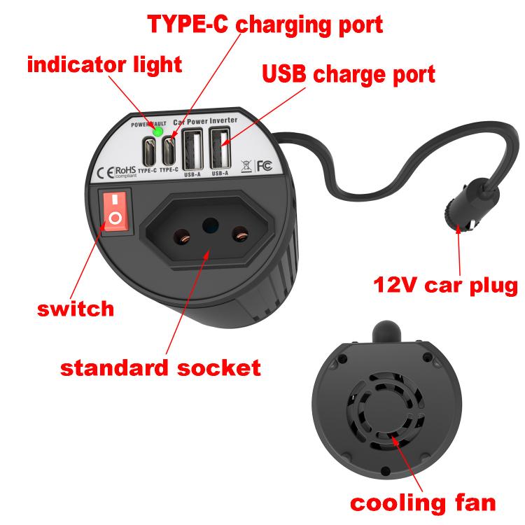 Gurxun 200W Car Inverter Modified Wave Dual USB Type C