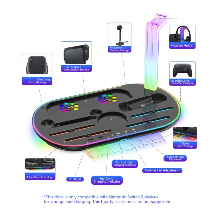 JYS NS2322 Base de Carga Nintendo Switch 2 RGB Iluminada