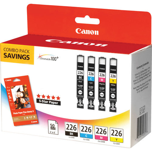 Canon CLI-226 Pack 4 Tintas con 50 Hojas Papel Fotográfico 4x6"