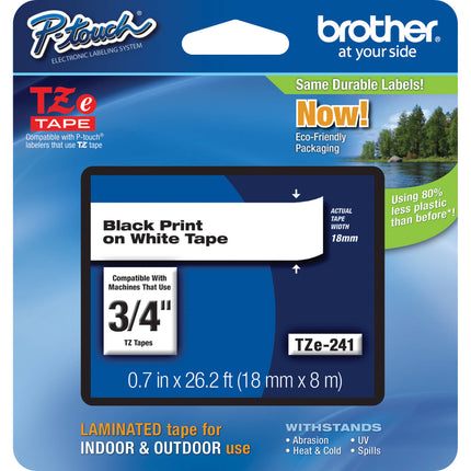 Brother TZe241 Cinta Laminada para Rotuladoras P-Touch 19mm x 8m Negra sobre Blanca