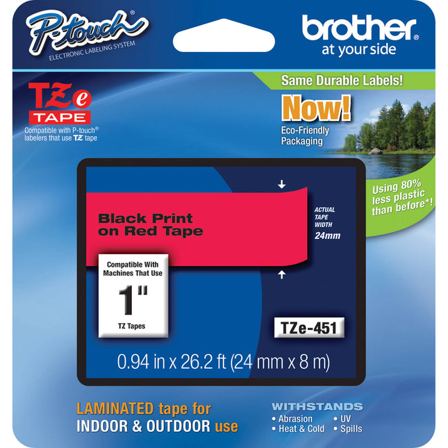 Brother TZe451 Cinta Laminada para Etiquetadoras P-Touch 26.2' x 1" Roja y Negra para Superficies Lisos