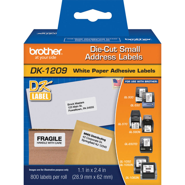 Brother DK1209 Etiquetas de Papel Blanco 800 Unidades 1.1 x 2.4 Pulgadas para Impresoras QL