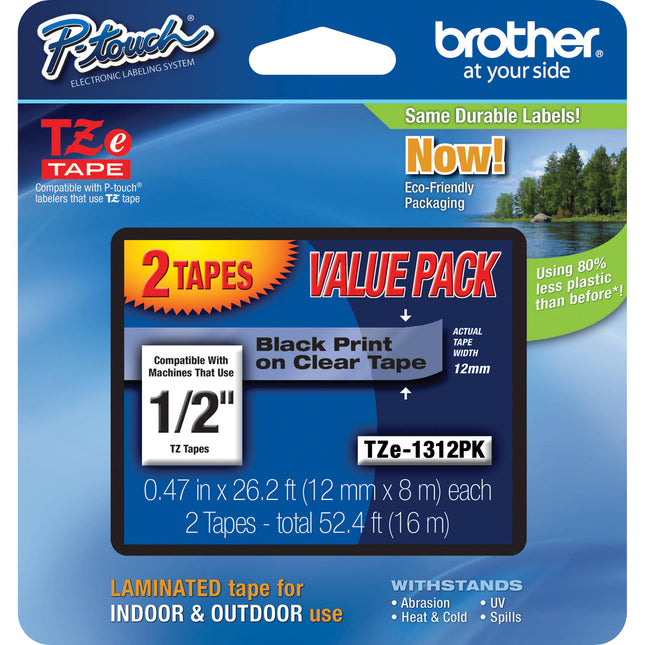 Brother Cinta Laminada para Etiquetadoras P-Touch 1/2" x 26.2' 2-Pack para Superficies Planas interiores y exteriores