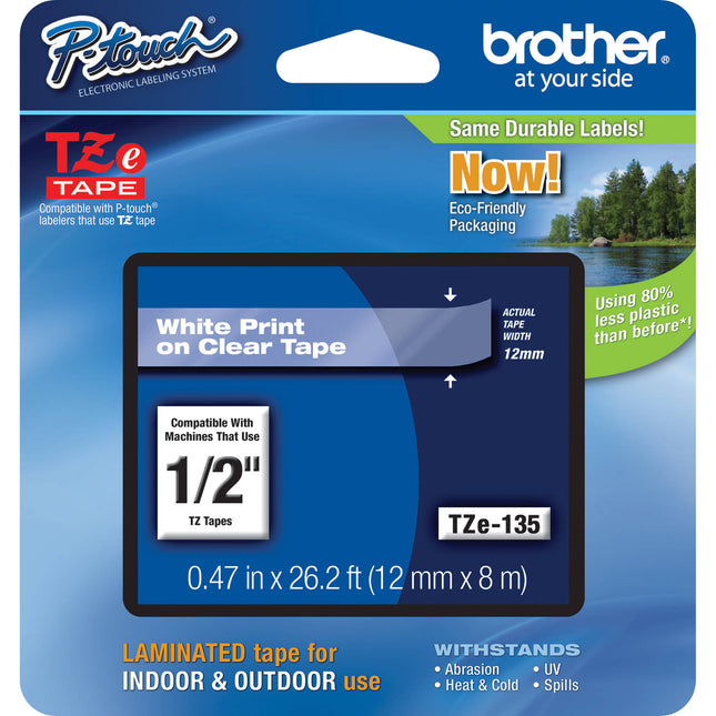 Brother TZe135 Cinta Laminada para Etiquetadoras P-Touch Blanco Sobre Transparente 12mm x 8m