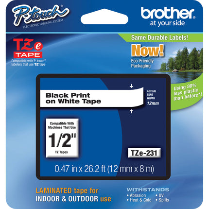 Brother TZe231 Cinta Laminada para Etiquetadoras P-Touch 12mm x 8m Negro sobre Blanco