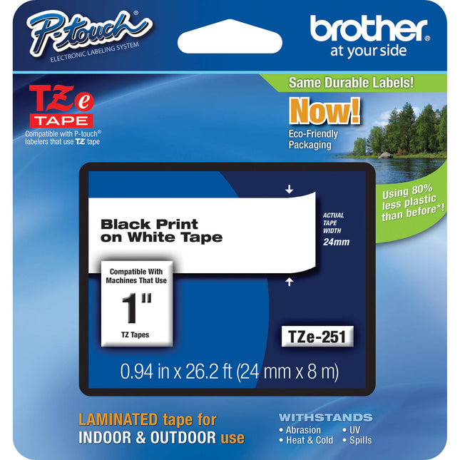Brother TZe251 Cinta Laminada para Etiquetas Negro sobre Blanco 26.2 pies 1 pulgada