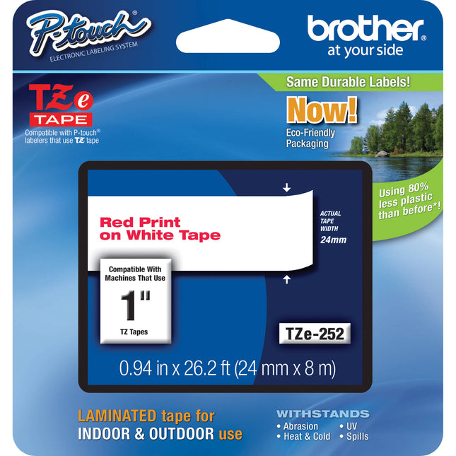 Brother TZe252 Cinta Laminada para Etiquetadoras P-Touch 1 pulg x 26.2 ft Roja sobre Blanco