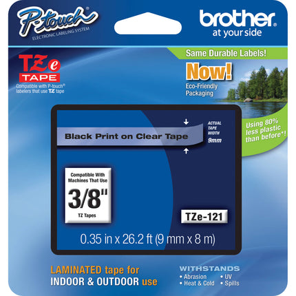 Brother TZe121 Cinta Laminada para Etiquetadoras P-Touch 9mm x 8m Negro sobre Transparente