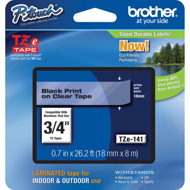 Brother TZe141 Cinta Laminada para Rotuladoras P-Touch 19 mm x 8 m Negra Transparente