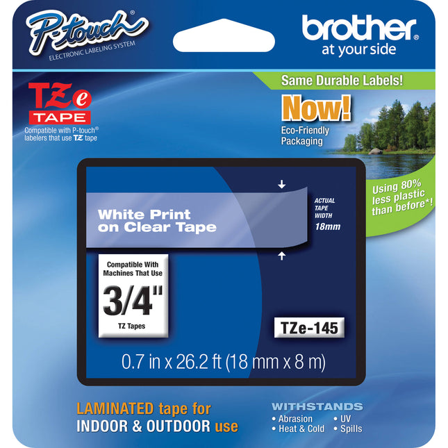 Brother TZe145 Cinta Laminada para Etiquetas Blanco sobre Transparente 19mm x 8m para Superficies Lisas Interior y Exterior