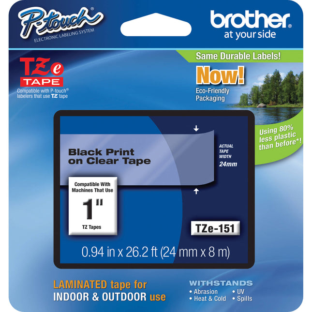 Brother TZe151 cinta laminada para etiquetadoras P-Touch 1 pulgada 26.2 pies negra transparente