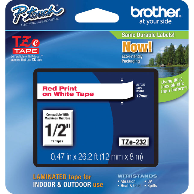 Brother TZe232 Cinta Laminada para Etiquetadoras P-Touch 12mm x 8m Roja sobre Blanca