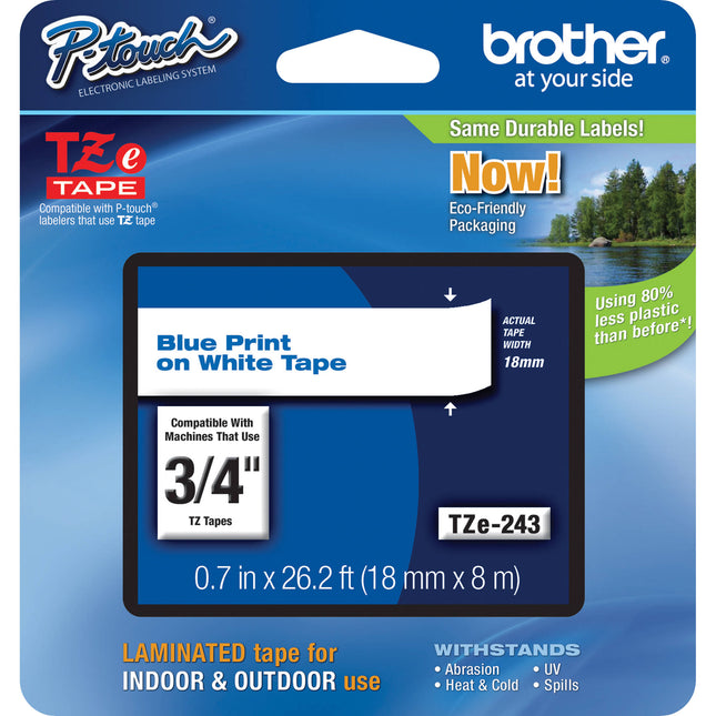 Brother TZe243 Cinta Laminada para Rotuladoras Azul sobre Blanco 19 mm x 8 m para Superficies Planas