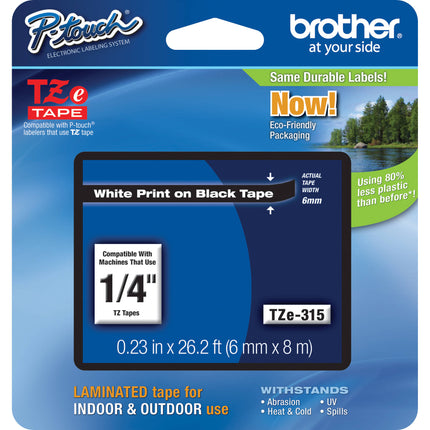 Brother TZe315 Cinta Laminada para Etiquetadoras P-Touch 0.25 Pulg x 26.2 Pies Blanco sobre Negro