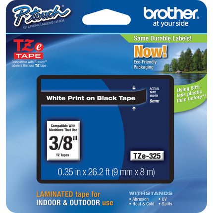 Brother TZe325 Cinta Laminada para Etiquetadoras P-Touch Blanco sobre Negro 0.38 Pulgadas x 26.2 Pies