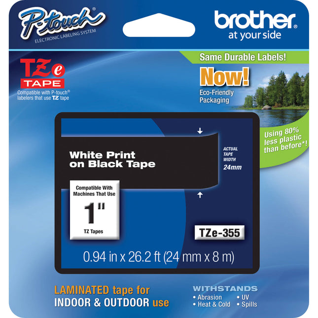 Brother TZe355 Cinta Laminada para Etiquetadoras 26.2' Blanco sobre Negro