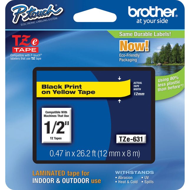 Brother TZe631 Cinta Laminada para Etiquetadoras 0.5 Pulgadas 26.2 ft Negro en Amarillo
