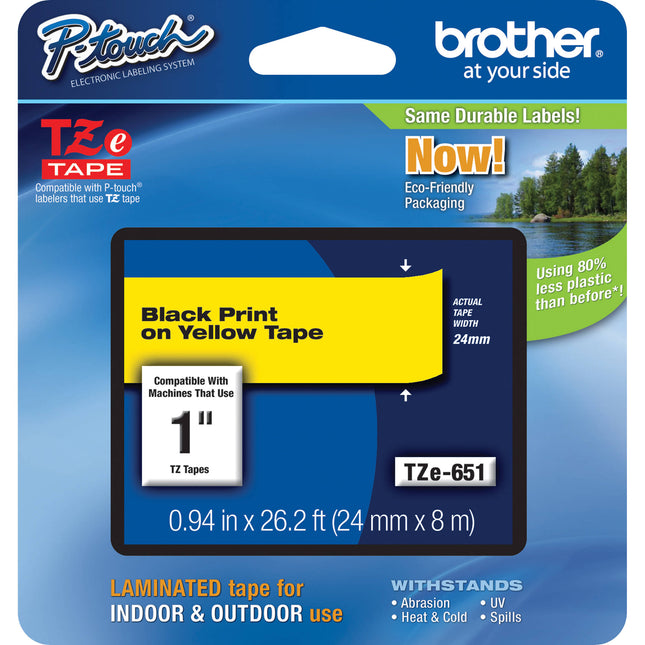 Brother TZe651 Cinta Laminada para Rotuladoras P-Touch 1 pulg x 26.2 ft Negra sobre Amarilla para Superficies Planas Interior y Exterior
