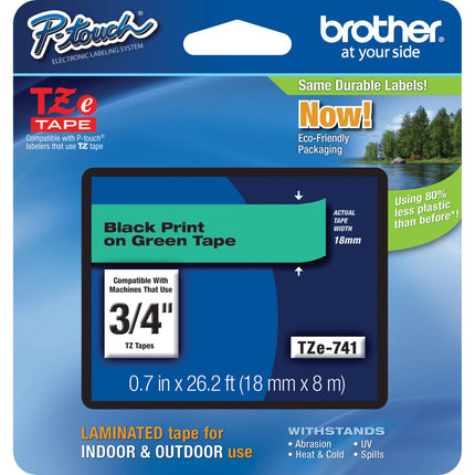 Brother TZe741 Cinta Laminada para Etiquetadora P-Touch Negro Verde 0.75 pulgadas 26.2 pies