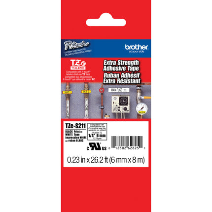 Brother TZeS211 cinta adhesiva extra resistente para rotuladores 6 mm x 8 m negra sobre blanca