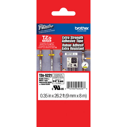 Brother TZeS221 Cinta para rotulador P-Touch Adhesivo Extra Fuerte 9 mm x 8 m Negro sobre Blanco