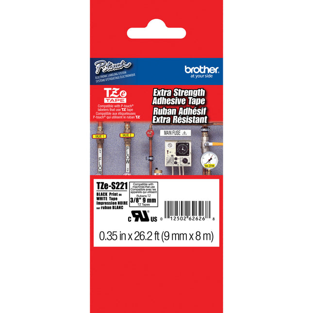 Brother TZeS221 Cinta para rotulador P-Touch Adhesivo Extra Fuerte 9 mm x 8 m Negro sobre Blanco