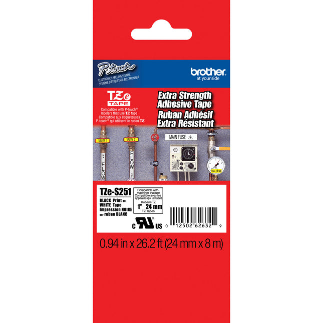 Brother TZeS251 Cinta para etiquetadora adhesivo ExtraStrength 26.2 pies x 1 pulgada negro sobre blanco