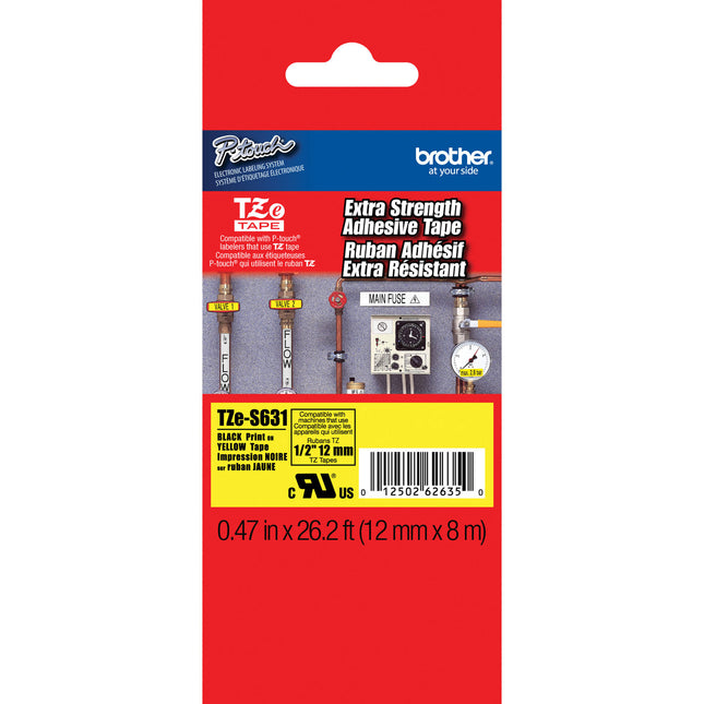 Brother TZeS631 Cinta adhesiva extra fuerte para etiquetadoras P-Touch 13mm x 8m negra sobre amarilla