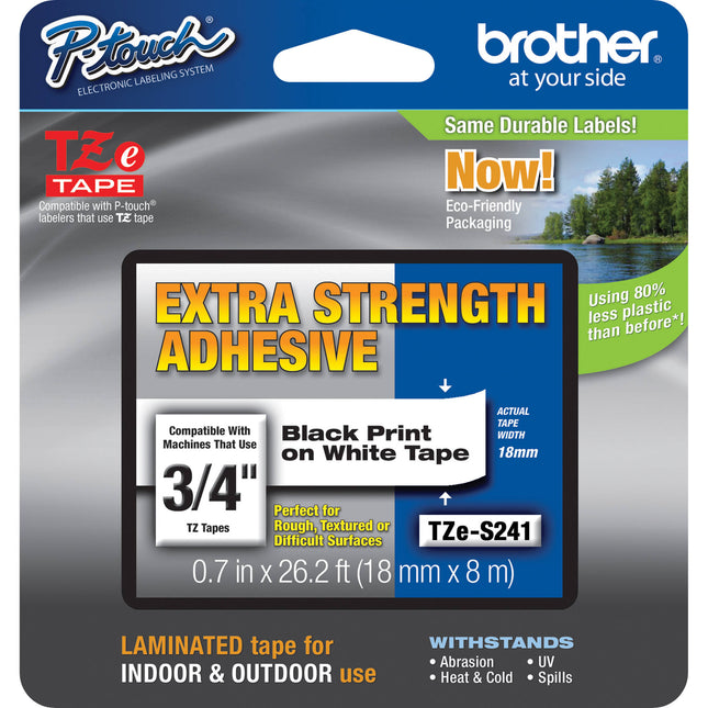 Brother TZeS241 cinta adhesiva extra fuerte para rotuladoras P-Touch 19mm x 8m negra sobre blanca
