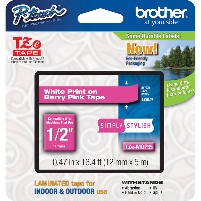 Brother TZeMQP35 Cinta Laminada para Etiquetadoras P-Touch 12.7mm x 5m Blanco sobre Rosa Frambuesa