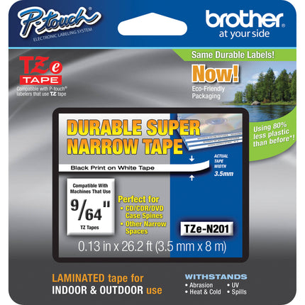 Brother TZeN201 Cinta Laminada Extraestrecha 3.6mm x 8m Negra sobre Blanca