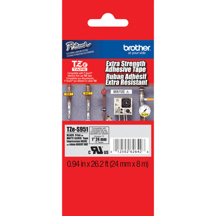 Brother TZeS951 Cinta para rotuladora adhesivo extra fuerte 0.94 pulgadas 26.2 pies negra sobre plata mate