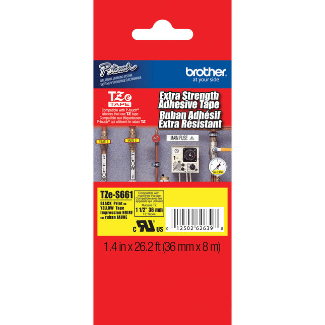 Brother TZeS661 Cinta con Adhesivo Extra Fuerte para Rotuladores 3.5cm x 8m Negro sobre Amarillo