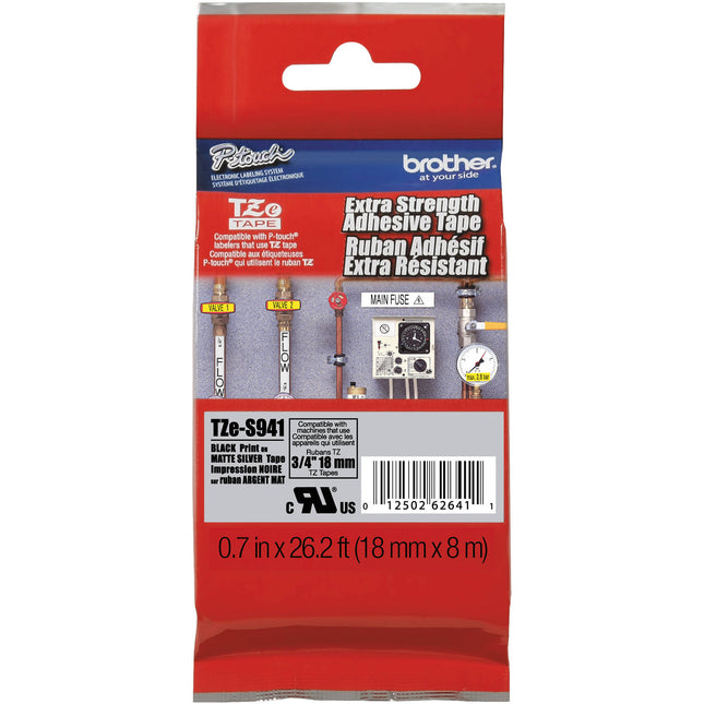 Brother TZeS941 cinta con adhesivo extra fuerte para etiquetadoras 18mm x 8m negro sobre plata mate