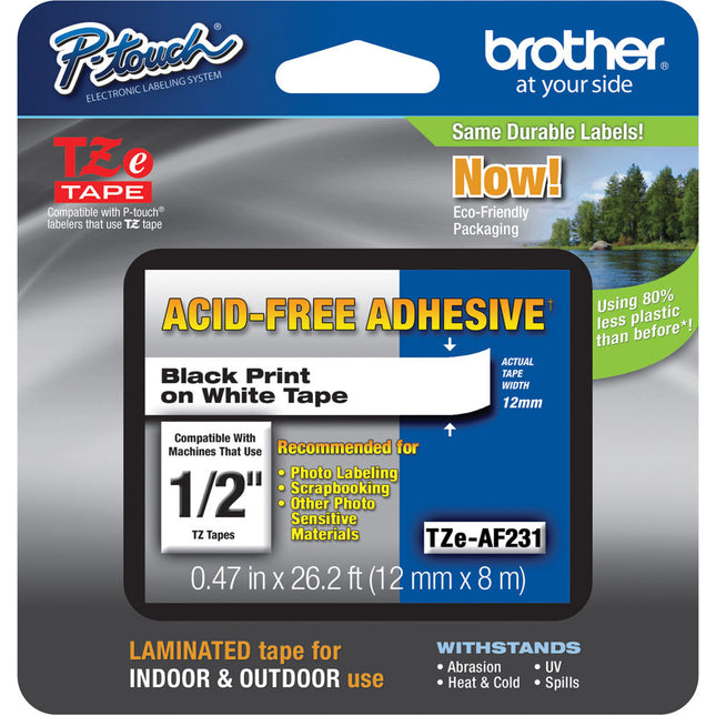 Brother TZE-AF231 Cinta sin ácido para scrapbooking 12mm x 8m negra sobre blanca