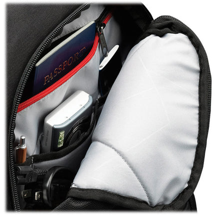 Case Logic Mochila para portátil 16 pulgadas con panel de malla aireada y bolsillo resistente a rayaduras negra con correas rojas