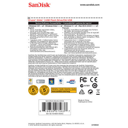 SanDisk Cruzer Glide USB Flash Drive 64GB Almacenamiento Seguro Retráctil