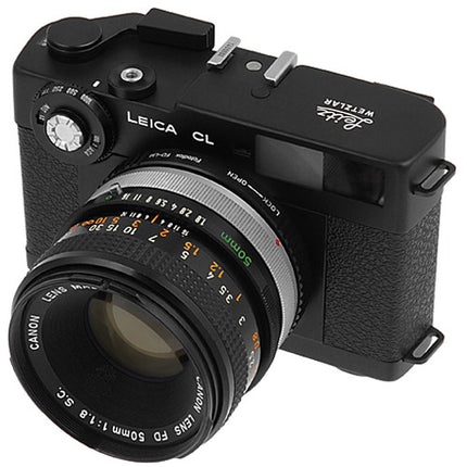 FotodioX Adaptador de lente Canon FD con control de iris integrado para cámaras Leica M con enfoque a infinito y acabado en acero inoxidable
