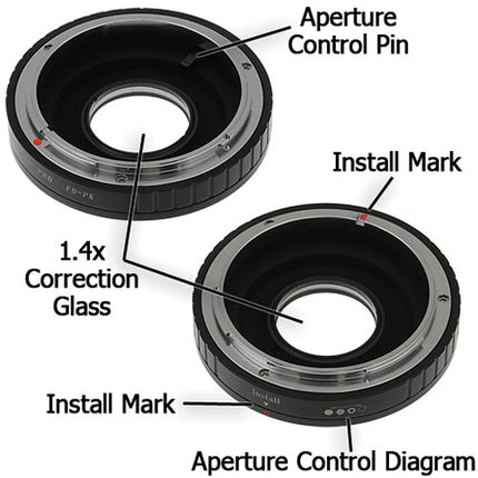 FotodioX Pro Adaptador Montura para Canon FD a Pentax K con corrección 1.4x y acabado acero inoxidable