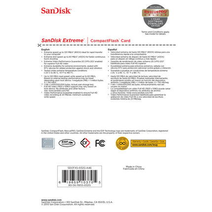 SanDisk 32GB Extreme Tarjeta de Memoria CompactFlash 120 MB/s de lectura 85 MB/s de escritura